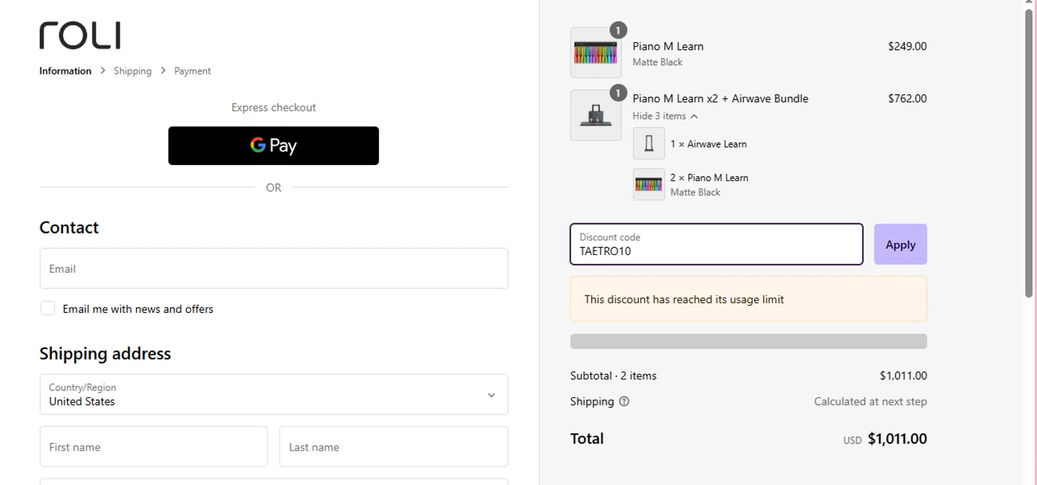 Roli discount code screenshot showing code TAETRO10 applied at Roli checkout page. Uploaded by SimplyCodes community member negrita on Feb 23, 2025