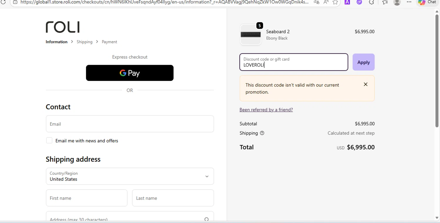 Roli discount code screenshot showing code LOVEROLI applied at Roli checkout page. Uploaded by SimplyCodes community member SilverVirtuoso7221 on Dec 23, 2025