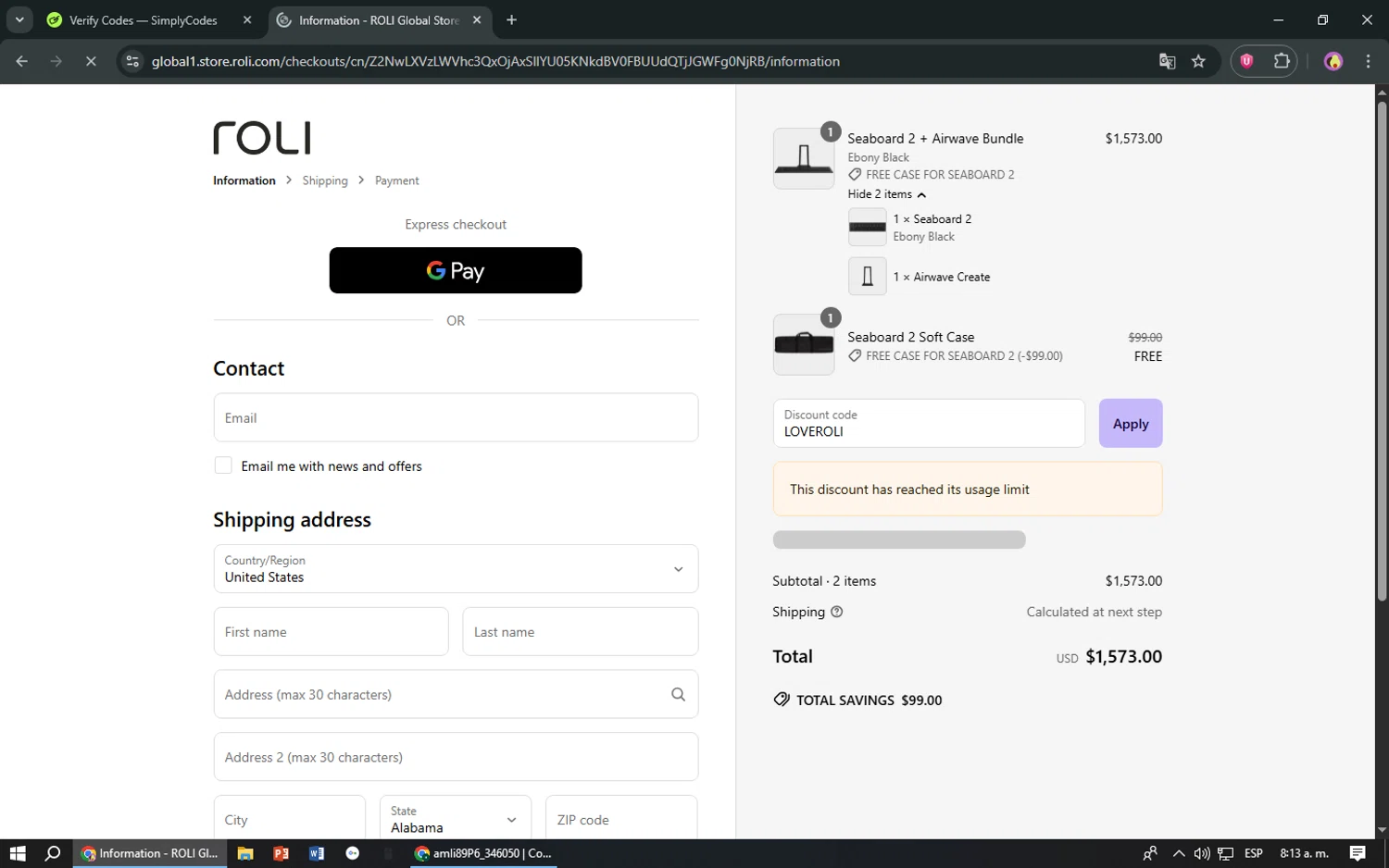 Roli discount code screenshot showing code LOVEROLI applied at Roli checkout page. Uploaded by SimplyCodes community member TreasureShopper9156 on Jun 29, 2025