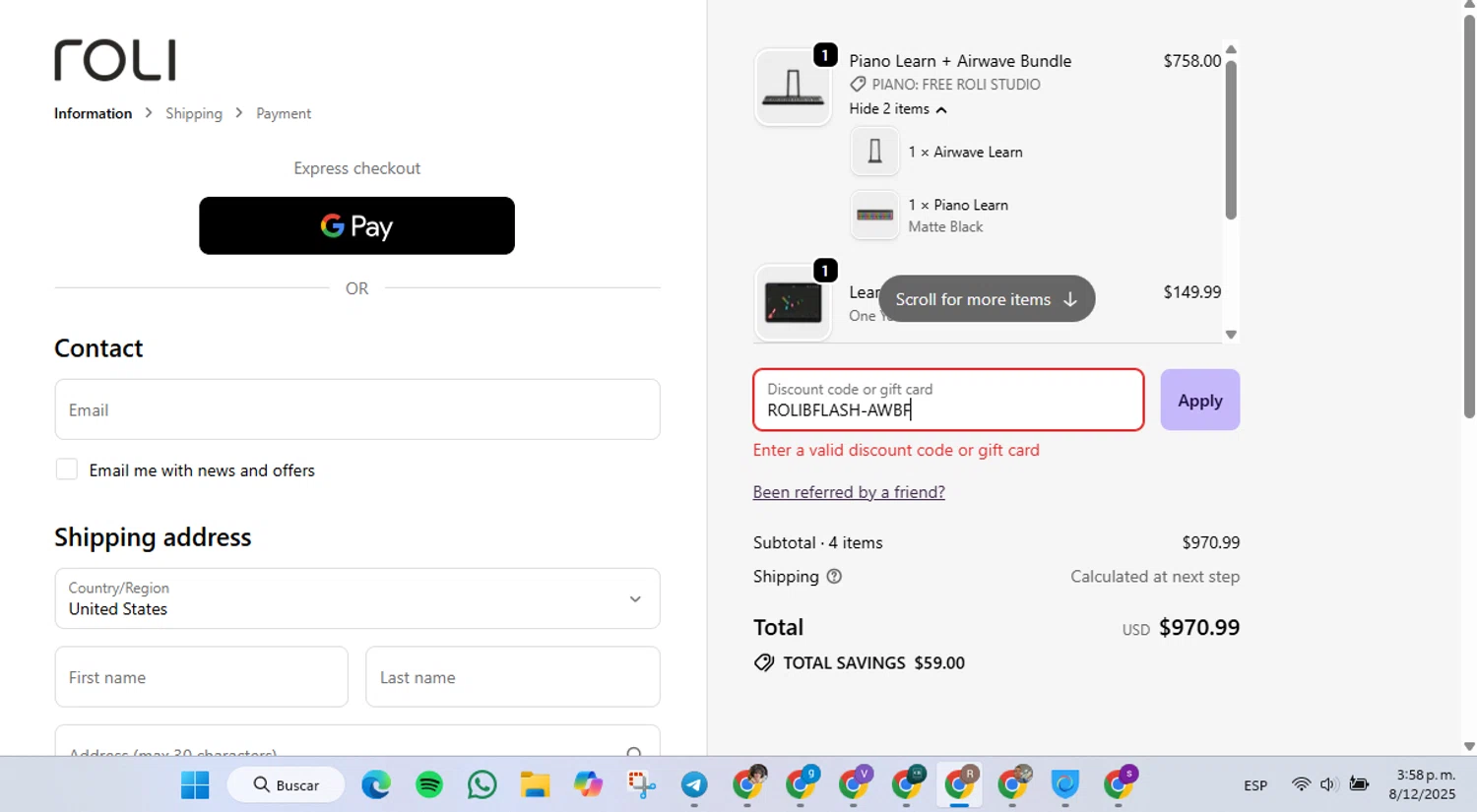 Roli discount code screenshot showing code ROLIBFLASH-AWBF applied at Roli checkout page. Uploaded by SimplyCodes community member CleverLynx5188 on Dec 8, 2025
