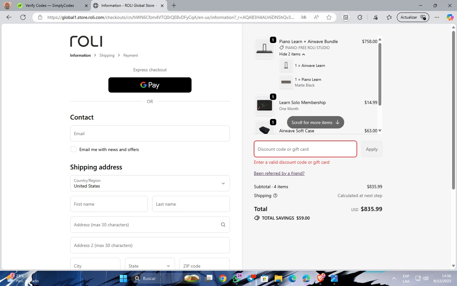 Roli discount code screenshot showing code ROLIBFLASH-AWBF applied at Roli checkout page. Uploaded by SimplyCodes community member JavinhoSantos on Dec 8, 2025
