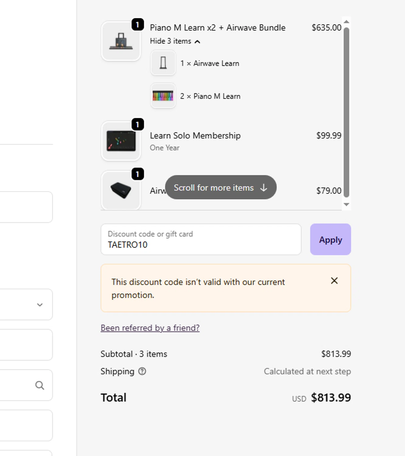 Roli discount code screenshot showing code TAETRO10 applied at Roli checkout page. Uploaded by SimplyCodes community member ashe1986 on Dec 23, 2025