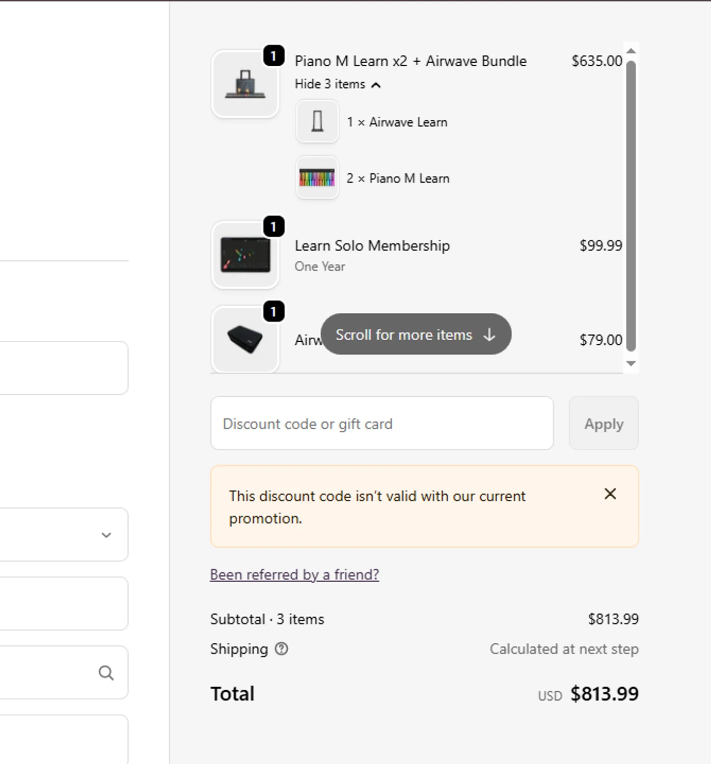 Roli discount code screenshot showing code MAY applied at Roli checkout page. Uploaded by SimplyCodes community member ashe1986 on Dec 23, 2025