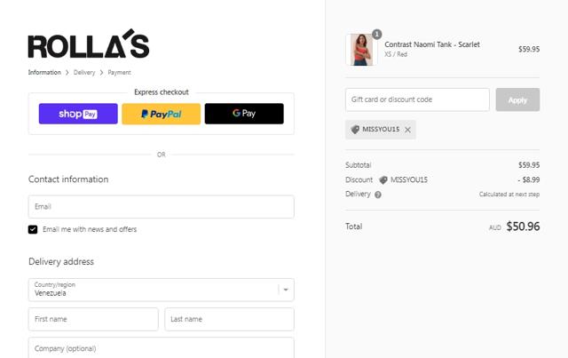 Rolla's Jeans checkout page showing Rolla's Jeans discount code box | Screenshot taken by SimplyCodes community member on Oct 19, 2022