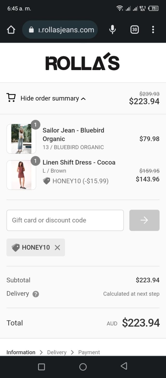 Rolla's Jeans checkout page showing Rolla's Jeans discount code box | Screenshot taken by SimplyCodes community member on Jul 21, 2023