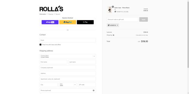 Rolla's Jeans checkout page showing Rolla's Jeans discount code box | Screenshot taken by SimplyCodes community member on Feb 6, 2024