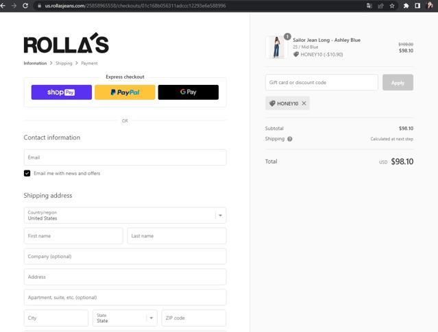 Rollas Jeans AU checkout page showing Rollas Jeans AU promo code box | Screenshot taken by SimplyCodes community member on Jan 3, 2023