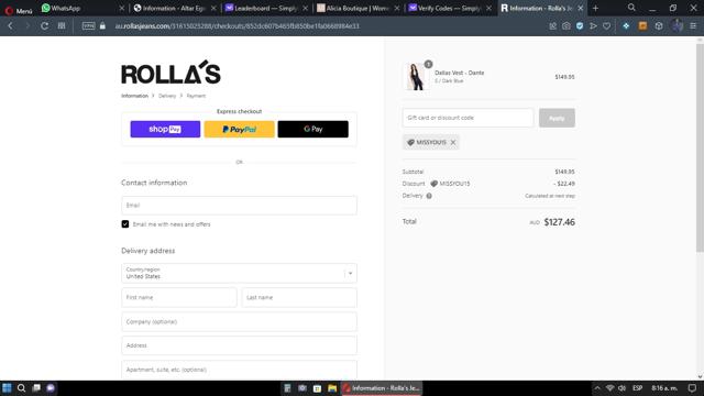 Rollas Jeans AU checkout page showing Rollas Jeans AU promo code box | Screenshot taken by SimplyCodes community member on May 29, 2023