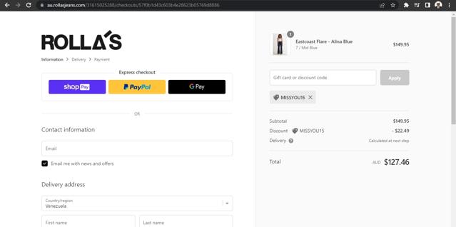 Rollas Jeans AU checkout page showing Rollas Jeans AU promo code box | Screenshot taken by SimplyCodes community member on Dec 6, 2022