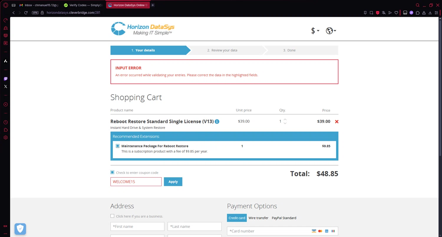 RollBack Rx Pro promo code screenshot showing code WELCOME15 applied at RollBack Rx Pro checkout page. Uploaded by SimplyCodes community member Veigarwaton on Jul 22, 2025