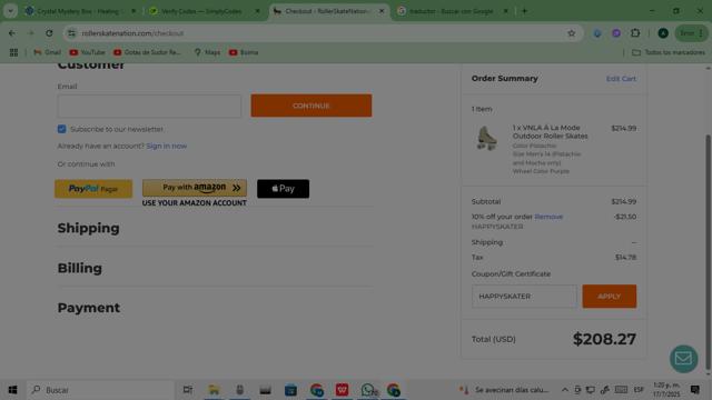 RollerSkateNation checkout page showing RollerSkateNation promo code box | Screenshot taken by SimplyCodes community member on Jul 17, 2025