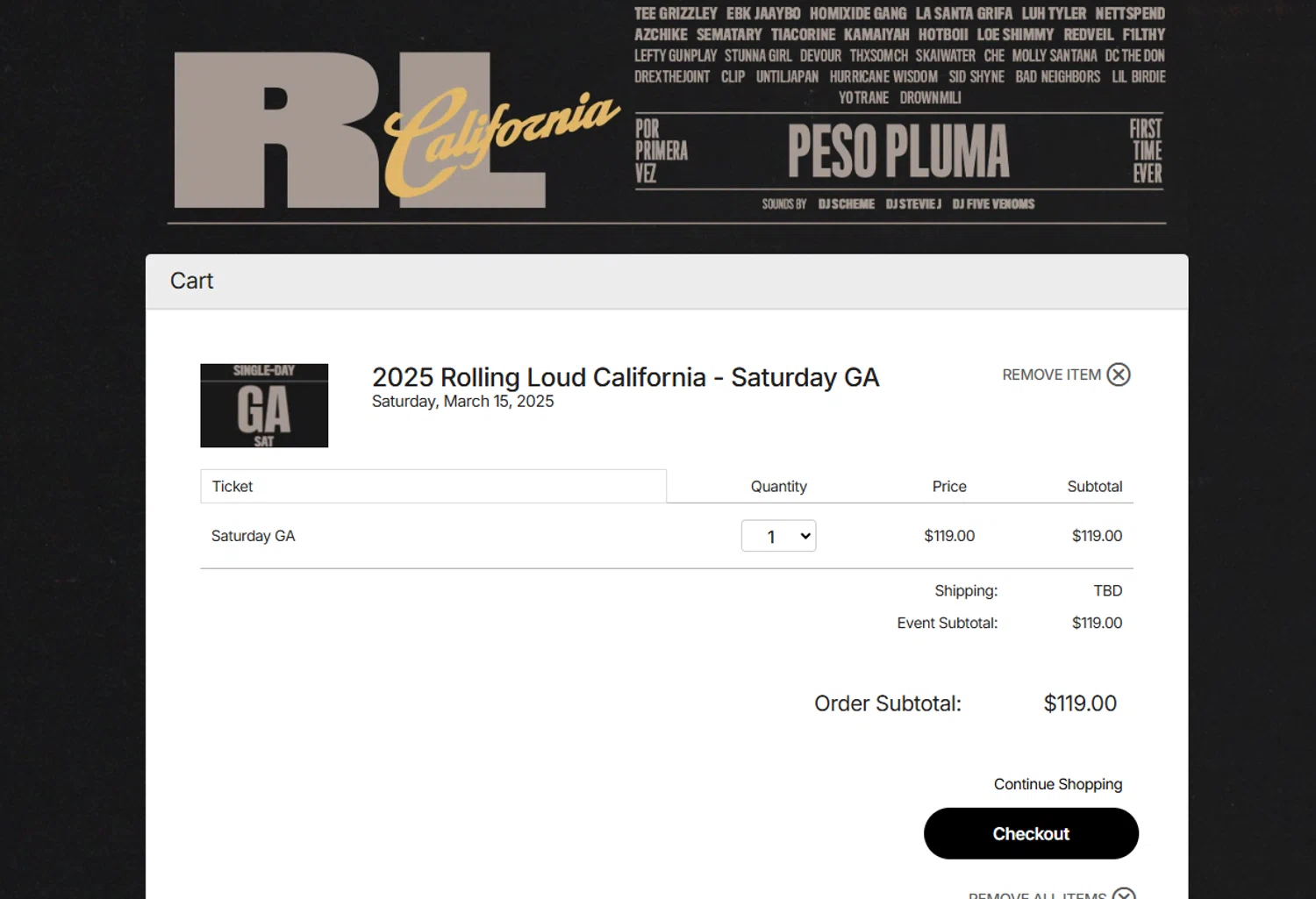 Rolling Loud Festival promo code screenshot showing code FASHIONNOVA applied at Rolling Loud Festival checkout page. Uploaded by SimplyCodes community member DiscountEagle6247 on Feb 20, 2025