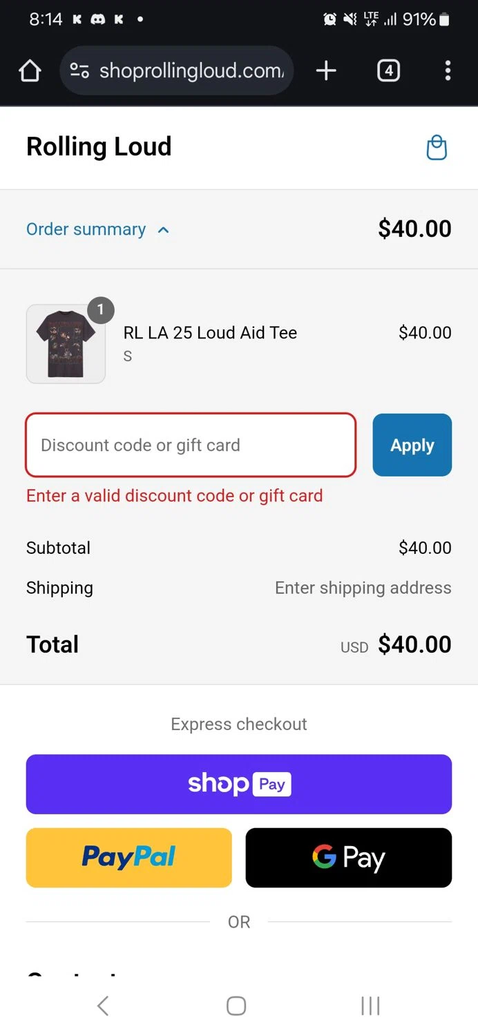 Rolling Loud Festival promo code screenshot showing code BEMINE applied at Rolling Loud Festival checkout page. Uploaded by SimplyCodes community member luissdbv on Mar 6, 2025