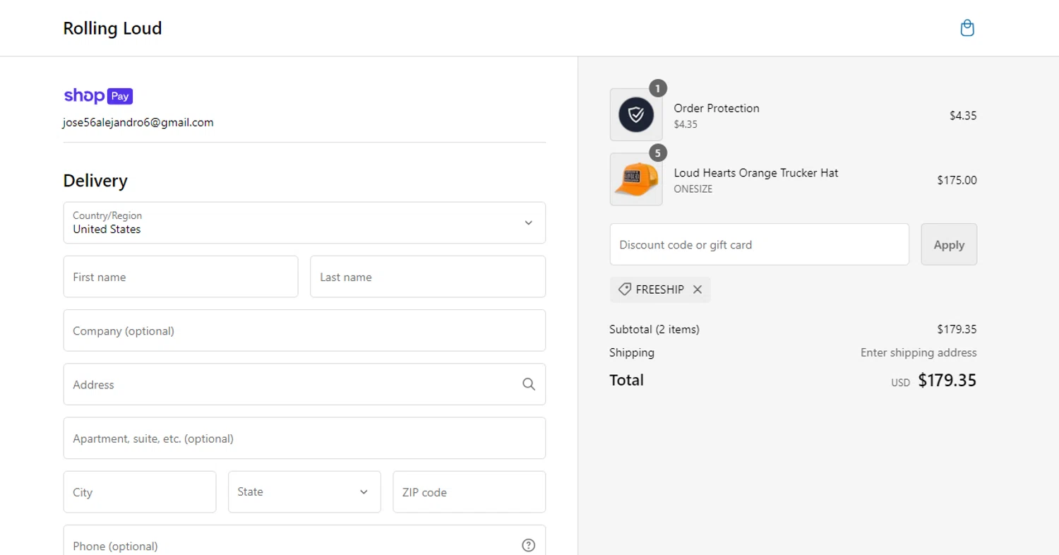 Rolling Loud Festival checkout page showing Rolling Loud Festival promo code box | Screenshot taken by SimplyCodes community member on Sep 13, 2024