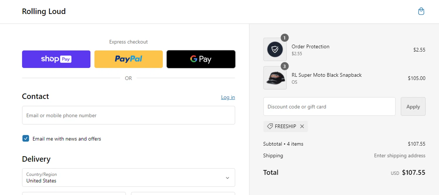 Rolling Loud Festival checkout page showing Rolling Loud Festival promo code box | Screenshot taken by SimplyCodes community member on Oct 4, 2024