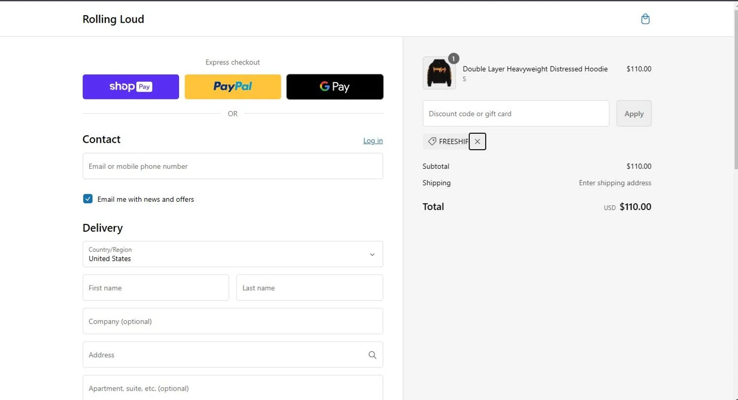 Rolling Loud Festival checkout page showing Rolling Loud Festival promo code box | Screenshot taken by SimplyCodes community member on Nov 29, 2024