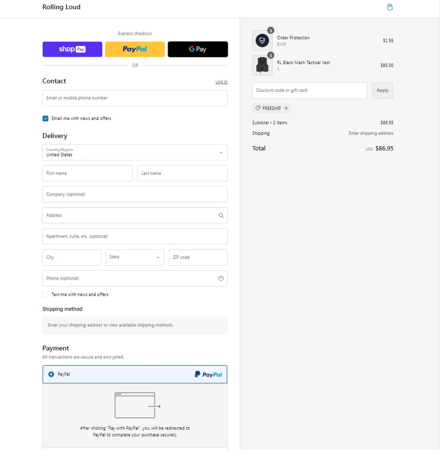 Rolling Loud Festival checkout page showing Rolling Loud Festival promo code box | Screenshot taken by SimplyCodes community member on Oct 8, 2024