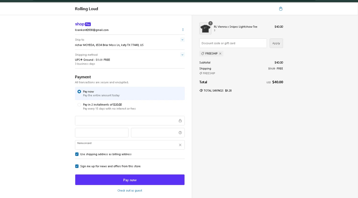 Rolling Loud Festival checkout page showing Rolling Loud Festival promo code box | Screenshot taken by SimplyCodes community member on Nov 24, 2024