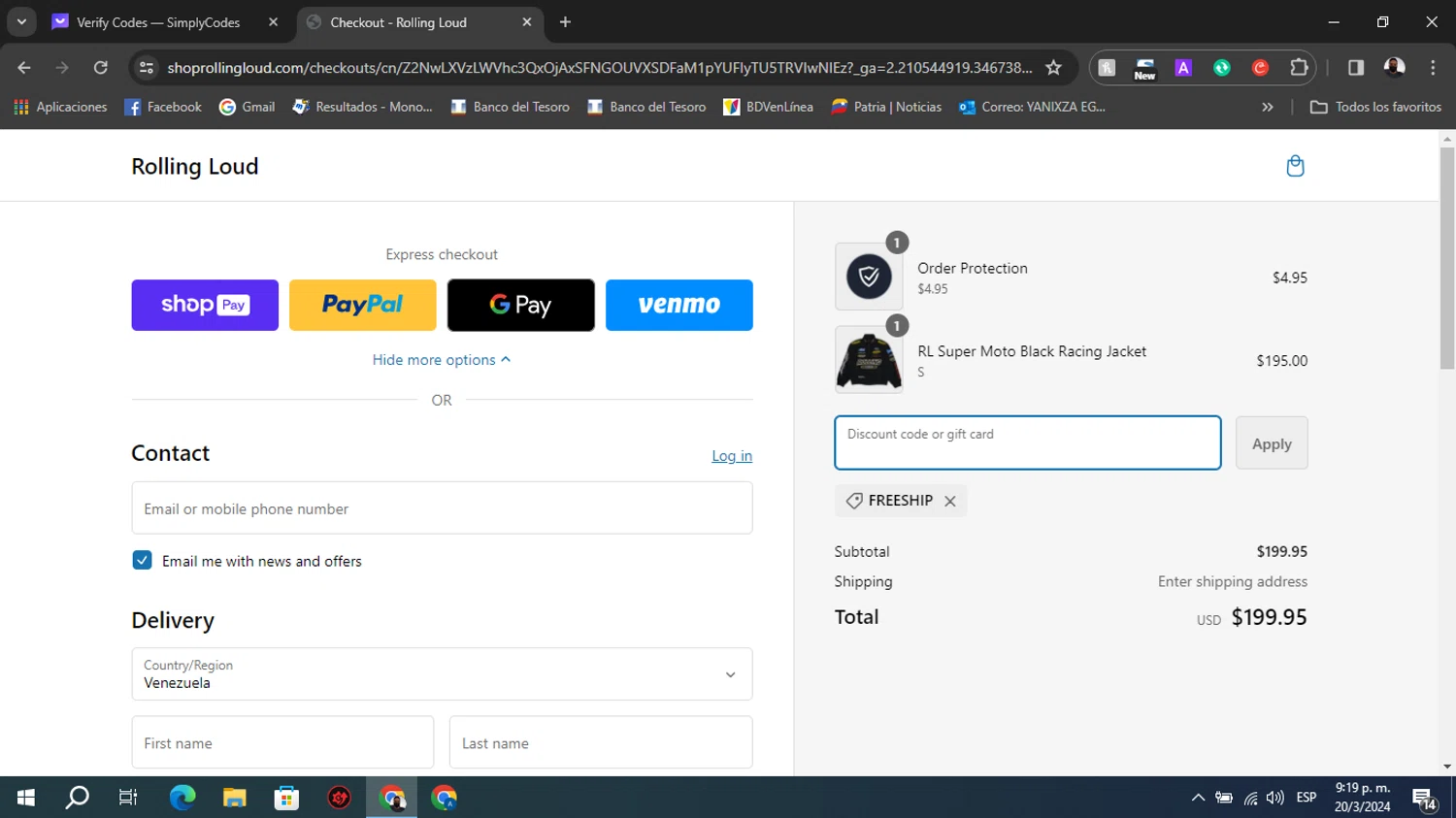 Rolling Loud Festival checkout page showing Rolling Loud Festival promo code box | Screenshot taken by SimplyCodes community member on Mar 21, 2024