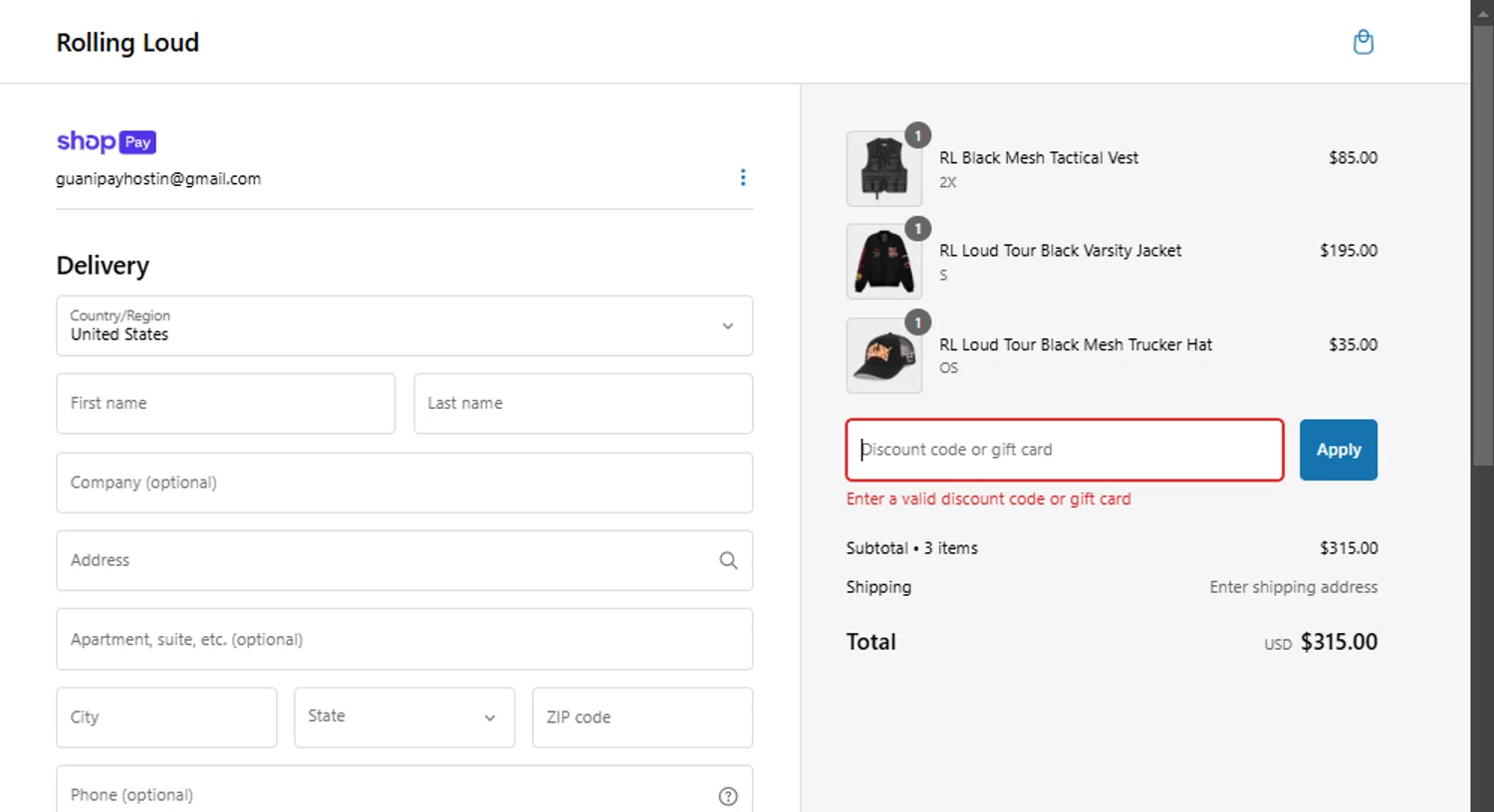 Rolling Loud Festival promo code screenshot showing code FREESHIP applied at Rolling Loud Festival checkout page. Uploaded by SimplyCodes community member toti2222 on Jan 26, 2025