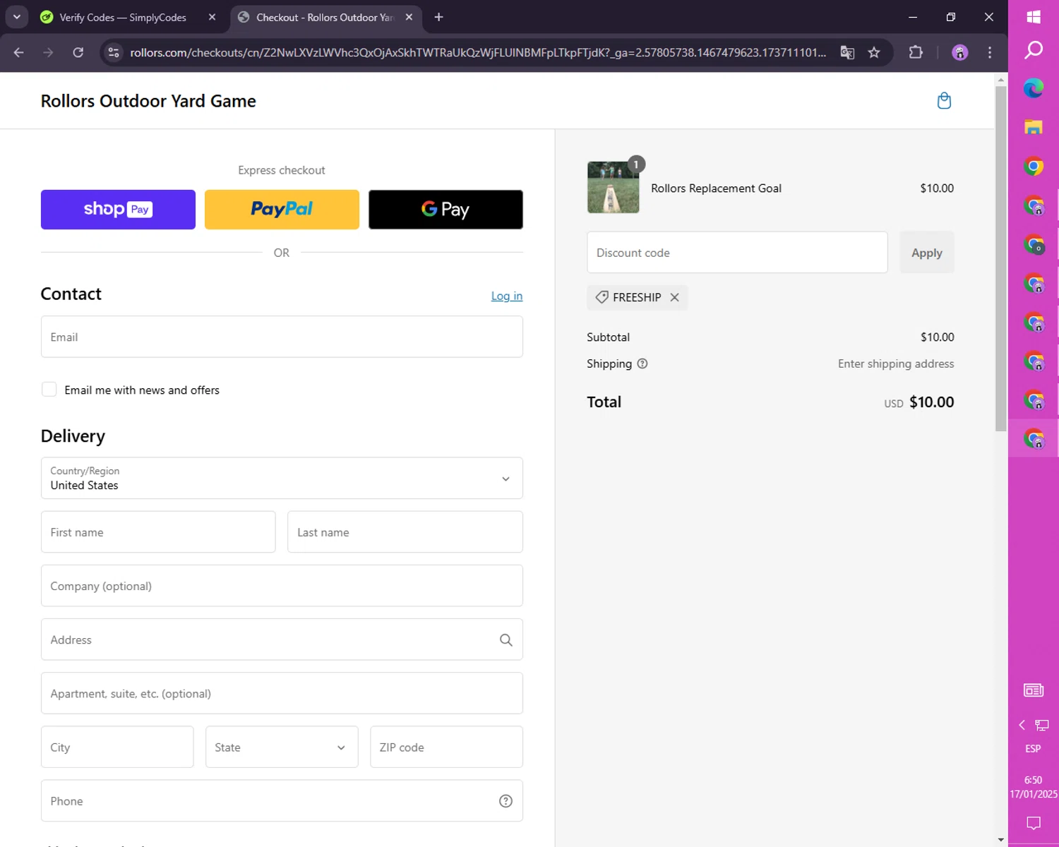 Rollors promo code screenshot showing code FREESHIP applied at Rollors checkout page. Uploaded by SimplyCodes community member mileSalima on Jan 17, 2025