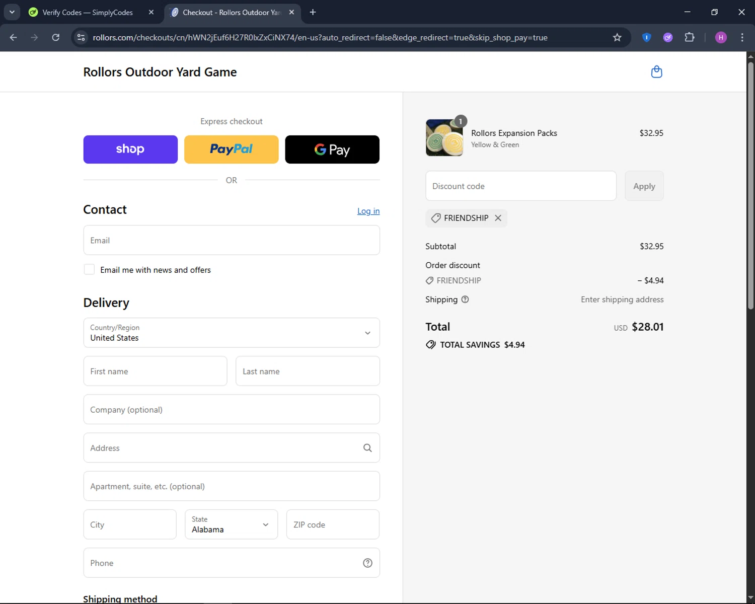 Rollors promo code screenshot showing code friendship applied at Rollors checkout page. Uploaded by SimplyCodes community member TokenNavigator6891 on Sep 8, 2025