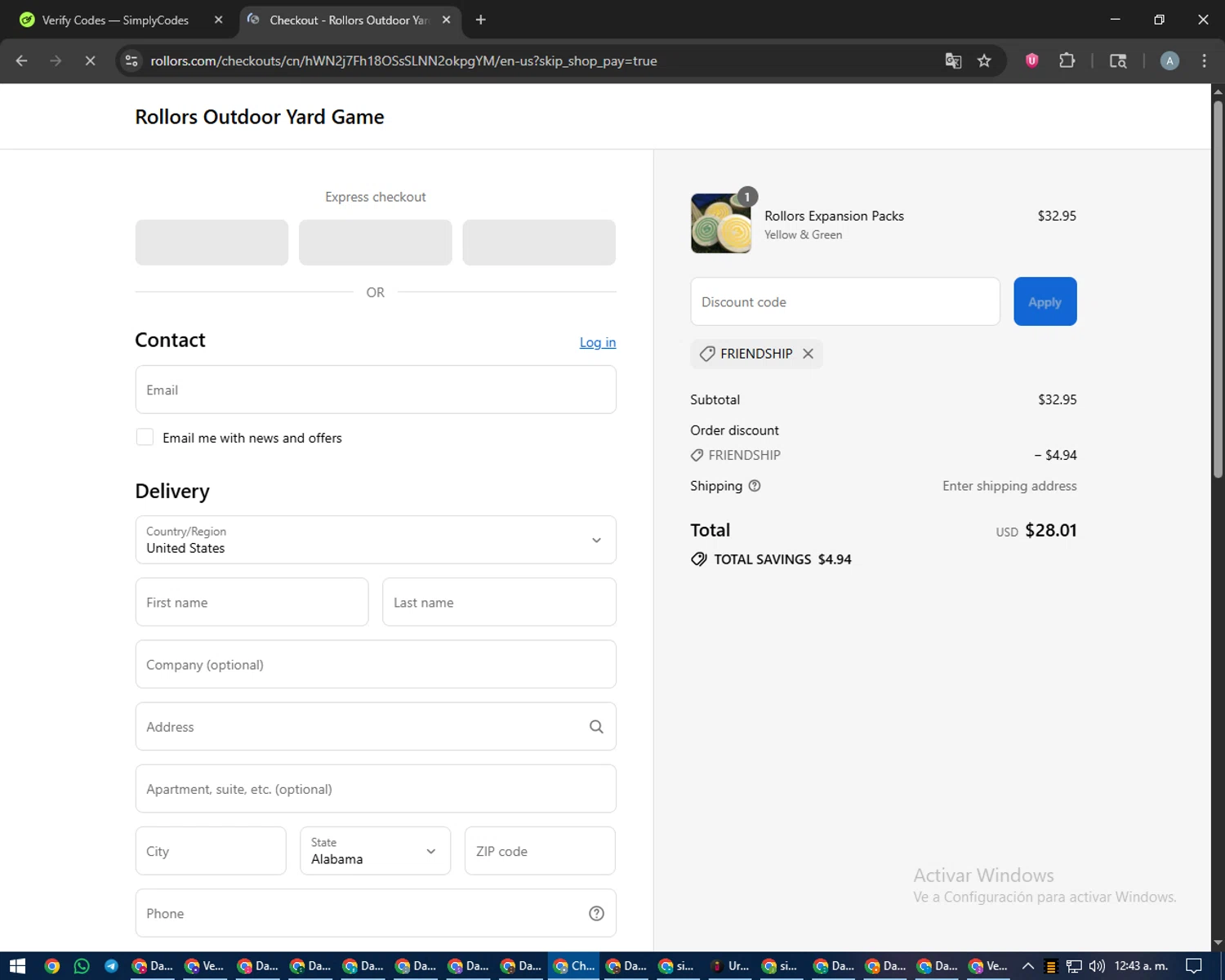 Rollors promo code screenshot showing code friendship applied at Rollors checkout page. Uploaded by SimplyCodes community member trippieredd on Sep 8, 2025