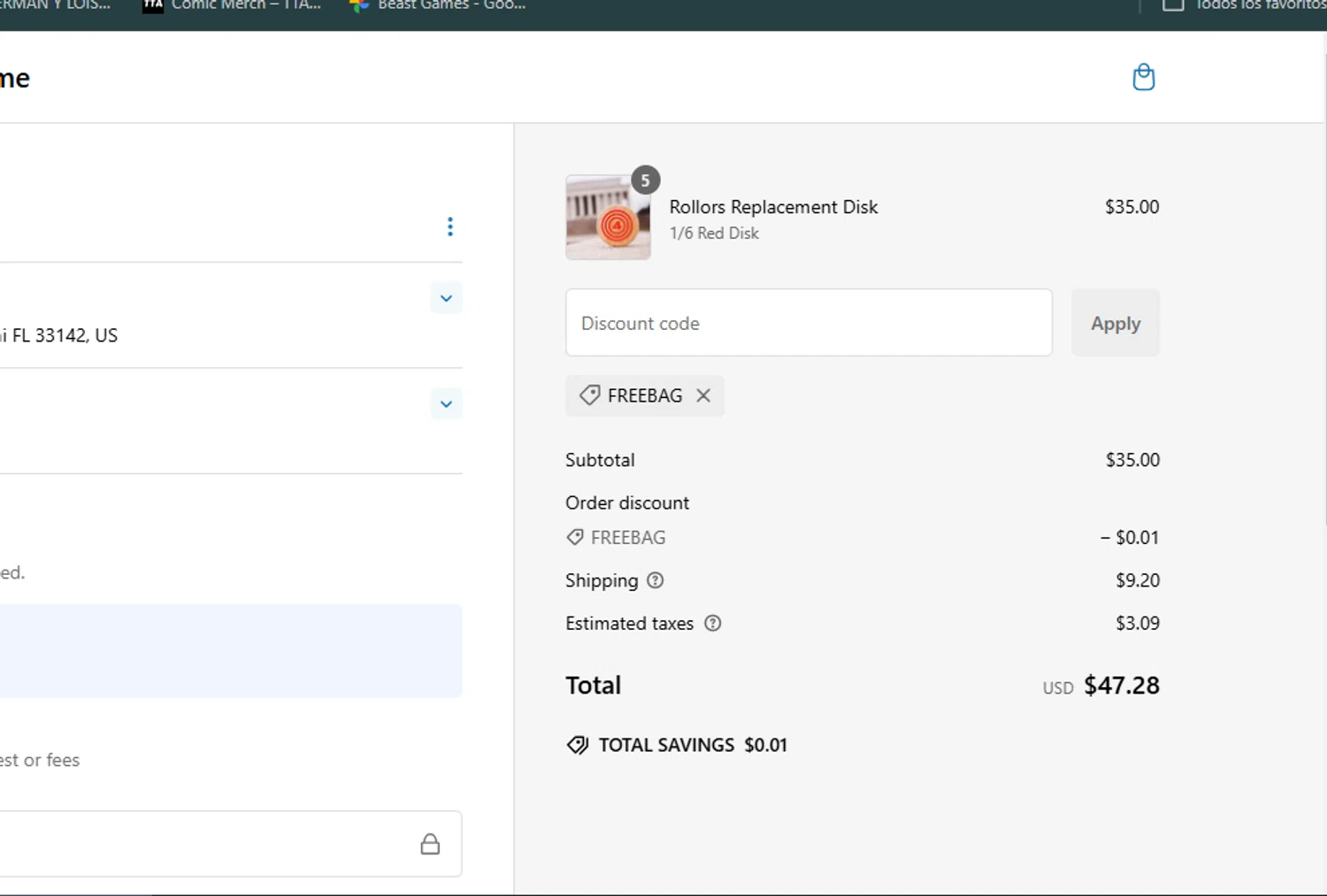 Rollors promo code screenshot showing code FREEBAG applied at Rollors checkout page. Uploaded by SimplyCodes community member avatar on Jan 17, 2025