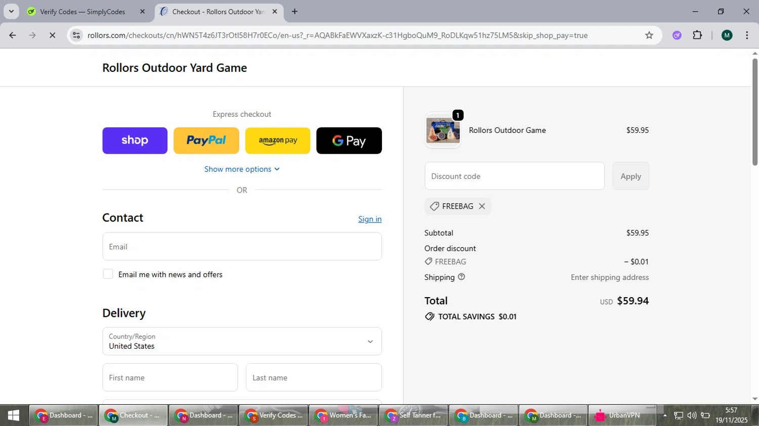 Rollors promo code screenshot showing code FREEBAG applied at Rollors checkout page. Uploaded by SimplyCodes community member suieeloves on Nov 19, 2025