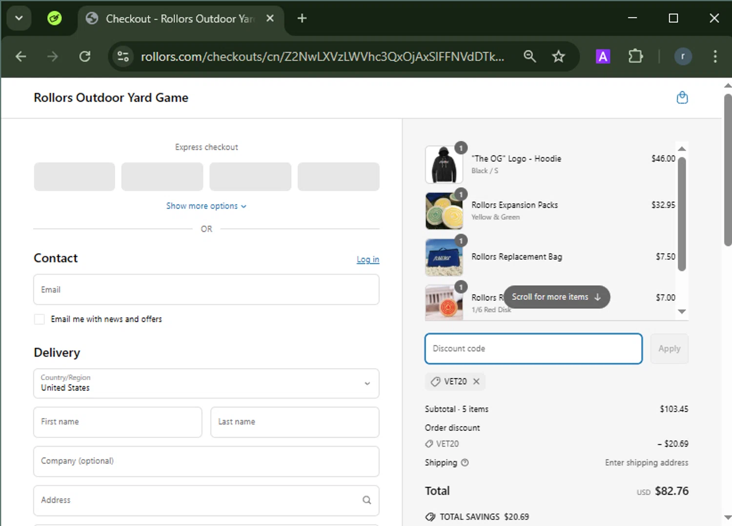 Rollors promo code screenshot showing code Vet20 applied at Rollors checkout page. Uploaded by SimplyCodes community member RamonAlexander on Mar 28, 2025