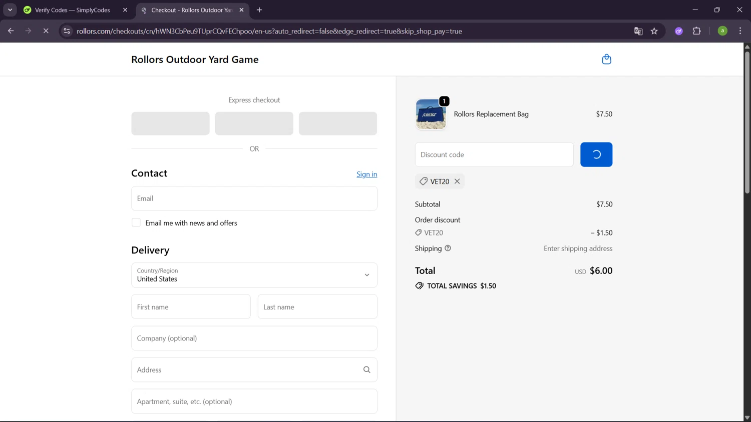Rollors promo code screenshot showing code Vet20 applied at Rollors checkout page. Uploaded by SimplyCodes community member SavingsHero9122 on Sep 20, 2025