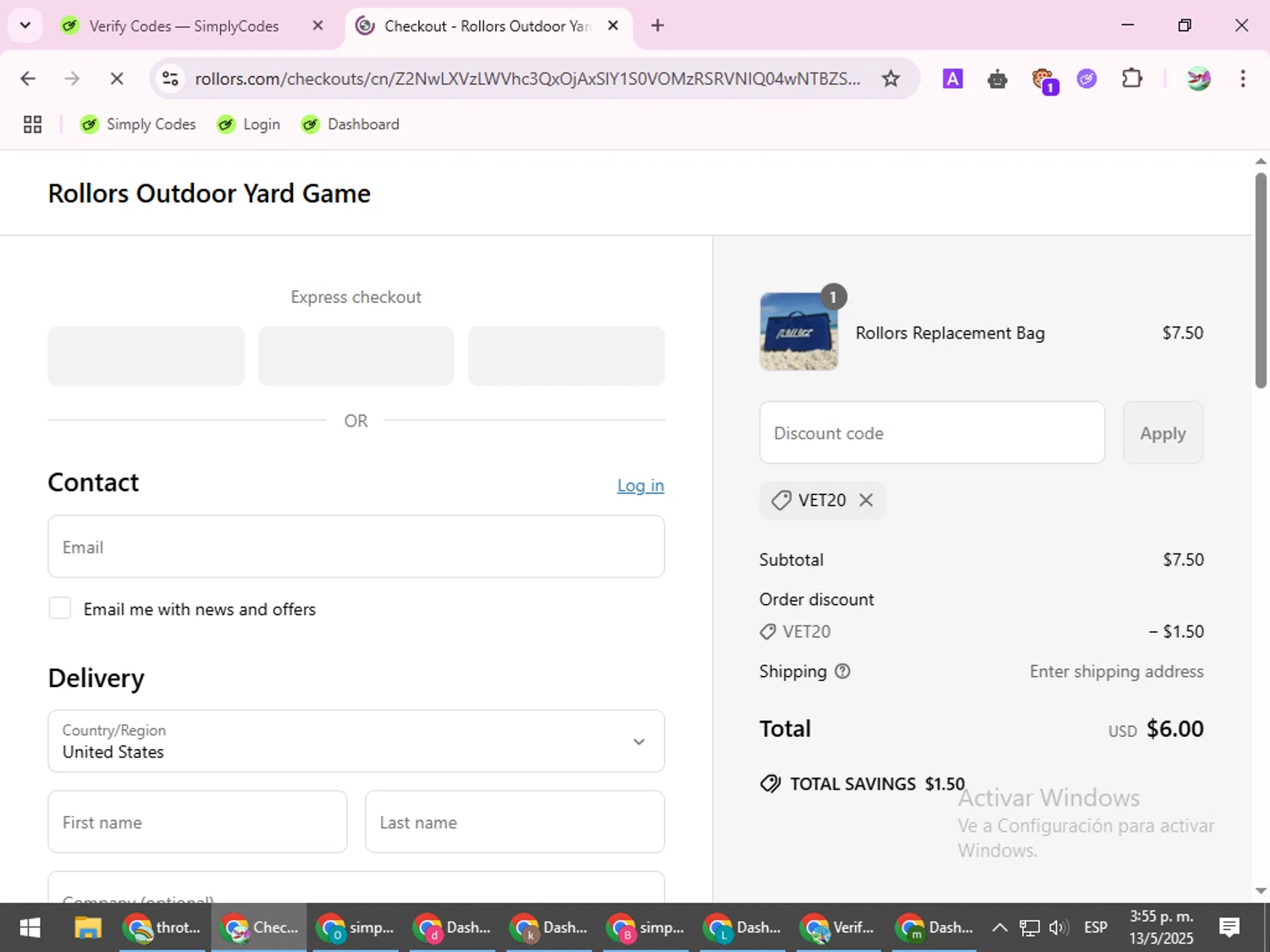 Rollors promo code screenshot showing code Vet20 applied at Rollors checkout page. Uploaded by SimplyCodes community member SilverExpert5694 on May 13, 2025