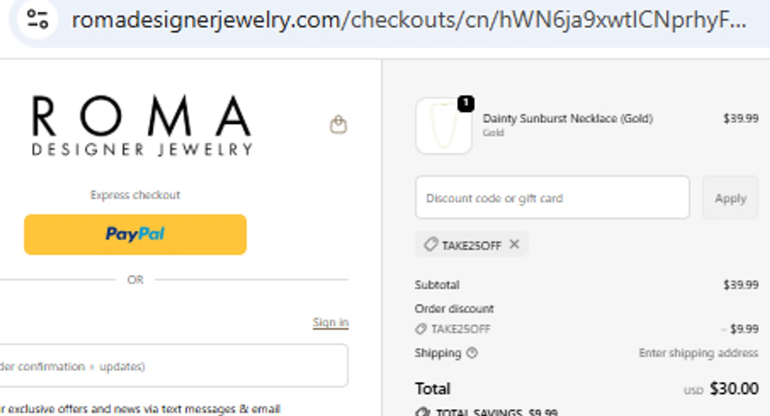 Roma Designer Jewelry promo code screenshot showing code TAKE25OFF applied at Roma Designer Jewelry checkout page. Uploaded by SimplyCodes community member PennyOwl2559 on Dec 22, 2025