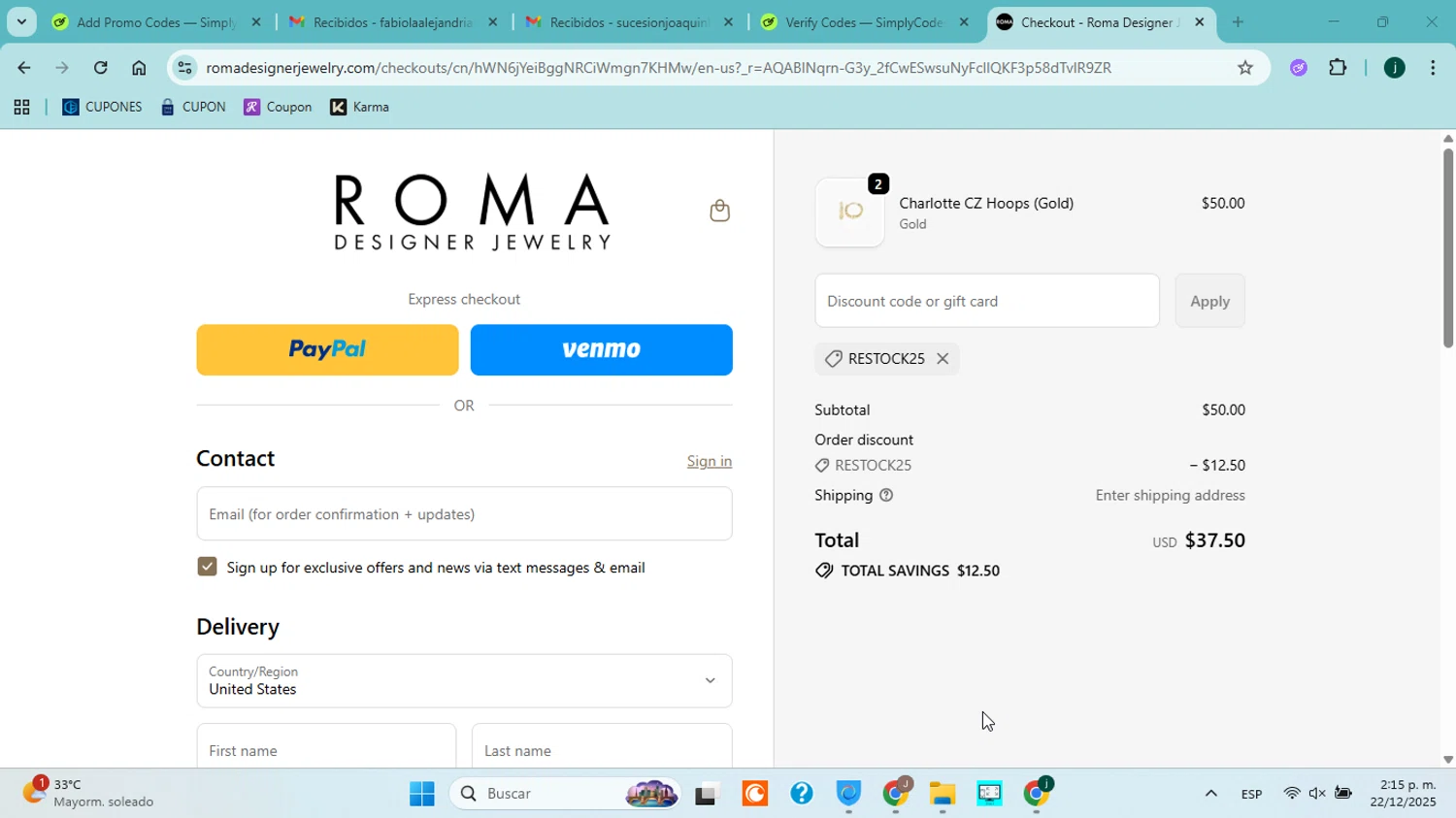Roma Designer Jewelry promo code screenshot showing code RESTOCK25 applied at Roma Designer Jewelry checkout page. Uploaded by SimplyCodes community member jorgejavierherrera on Dec 22, 2025