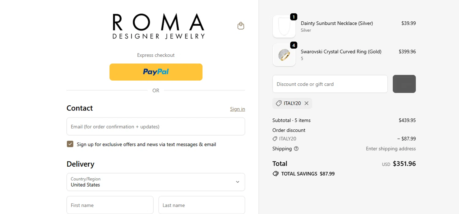Roma Designer Jewelry promo code screenshot showing code ITALY20 applied at Roma Designer Jewelry checkout page. Uploaded by SimplyCodes community member leonardocamacho2 on Dec 22, 2025