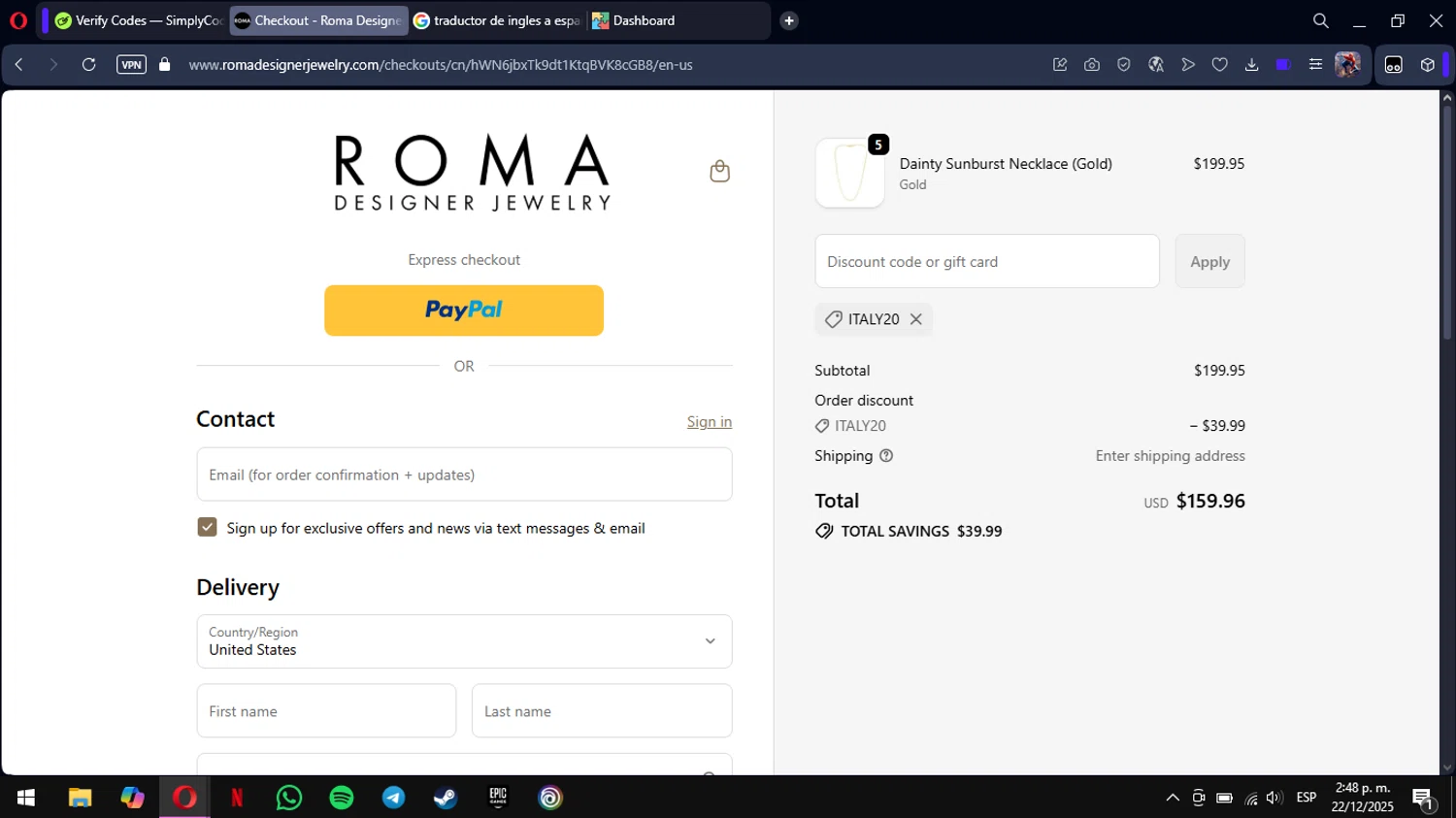 Roma Designer Jewelry promo code screenshot showing code ITALY20 applied at Roma Designer Jewelry checkout page. Uploaded by SimplyCodes community member mimusuky1 on Dec 22, 2025