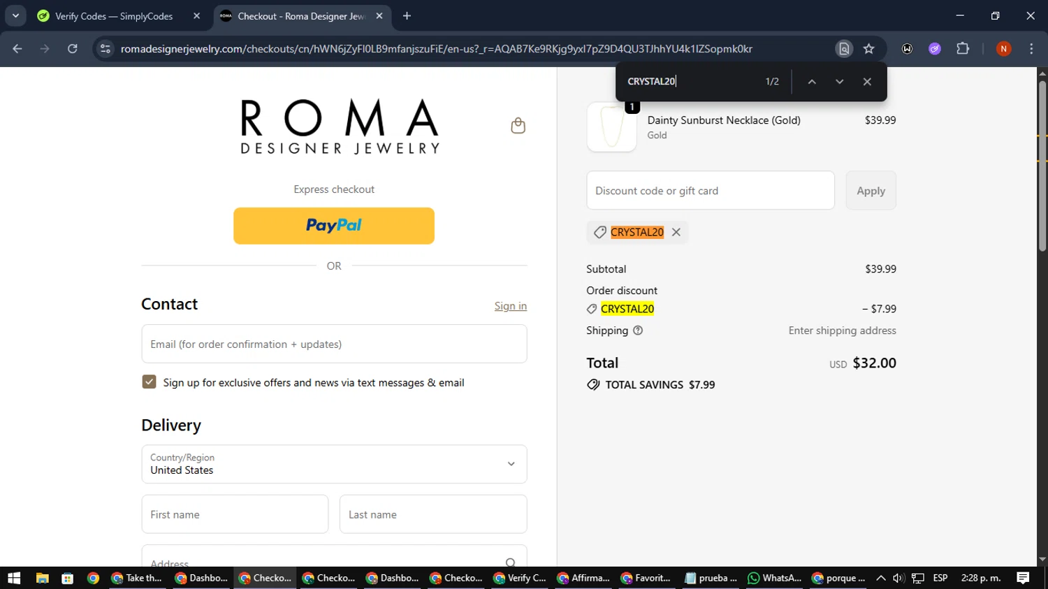 Roma Designer Jewelry promo code screenshot showing code CRYSTAL20 applied at Roma Designer Jewelry checkout page. Uploaded by SimplyCodes community member MagnificentScout194 on Dec 22, 2025