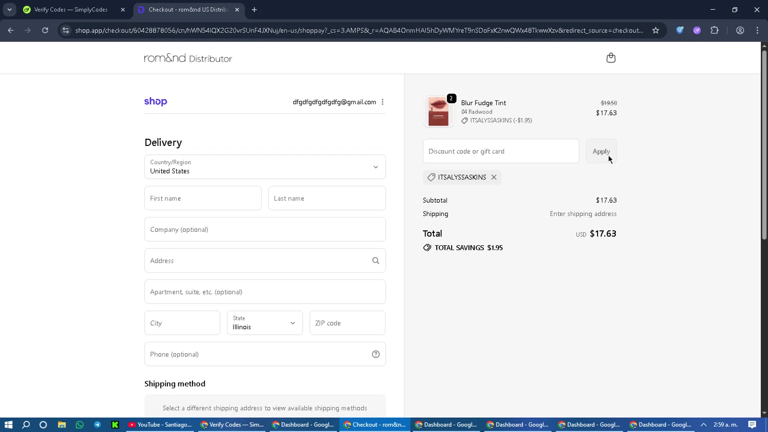 Rom&nd US promo code screenshot showing code ITSALYSSASKINS applied at Rom&nd US checkout page. Uploaded by SimplyCodes community member CouponGuardian8137 on Nov 9, 2025