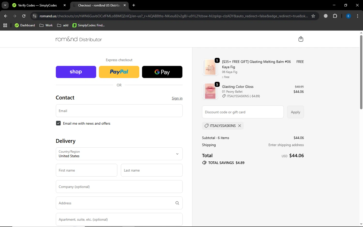 Rom&nd US promo code screenshot showing code ITSALYSSASKINS applied at Rom&nd US checkout page. Uploaded by SimplyCodes community member GoldSaver5472 on Dec 10, 2025