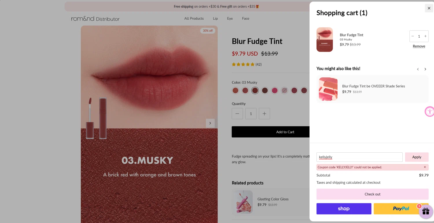 Rom&nd US promo code screenshot showing code kellyjelly applied at Rom&nd US checkout page. Uploaded by SimplyCodes community member STEVE20 on Dec 10, 2025