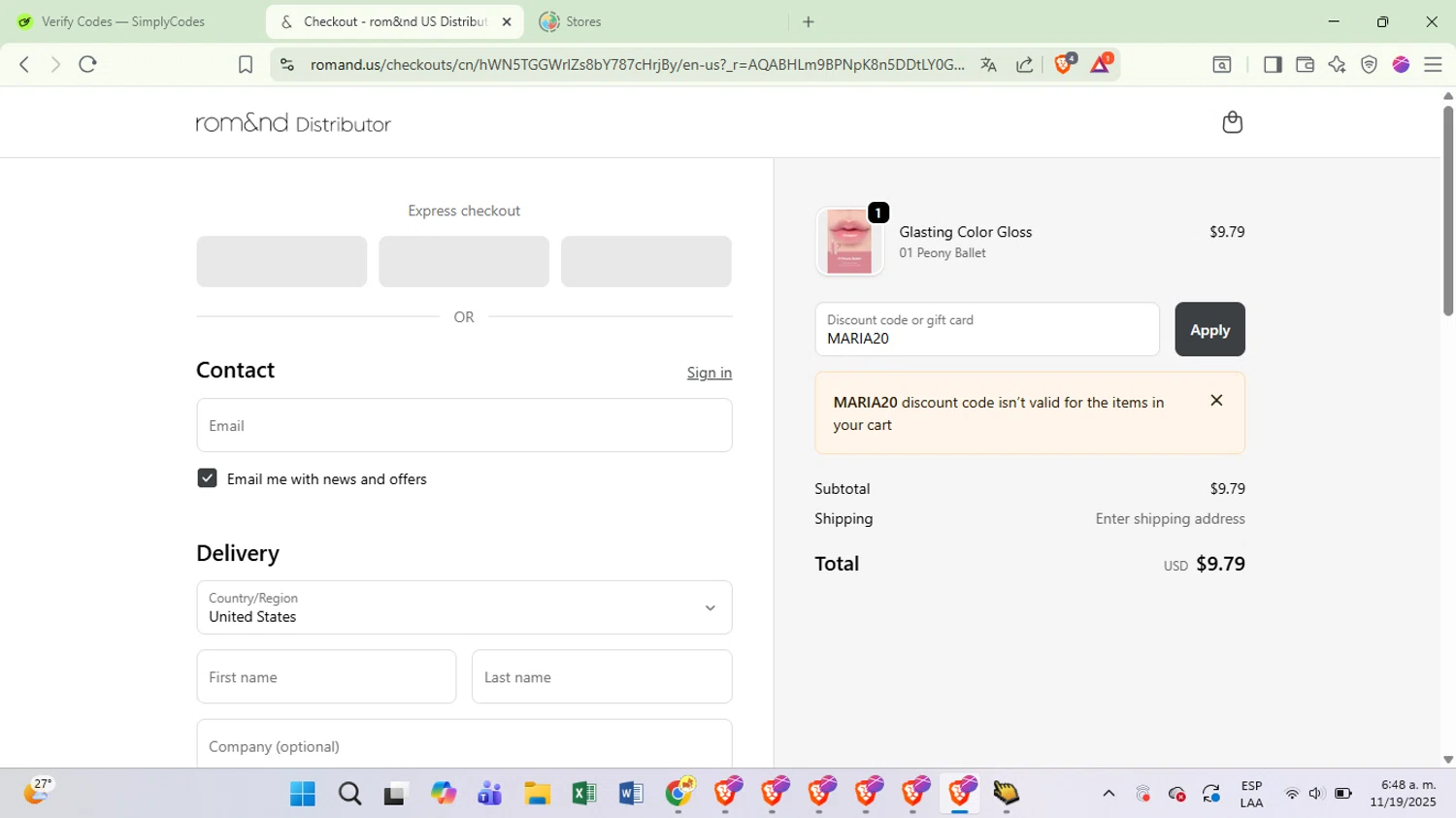 Rom&nd US promo code screenshot showing code MARIA20 applied at Rom&nd US checkout page. Uploaded by SimplyCodes community member Covid19 on Nov 19, 2025
