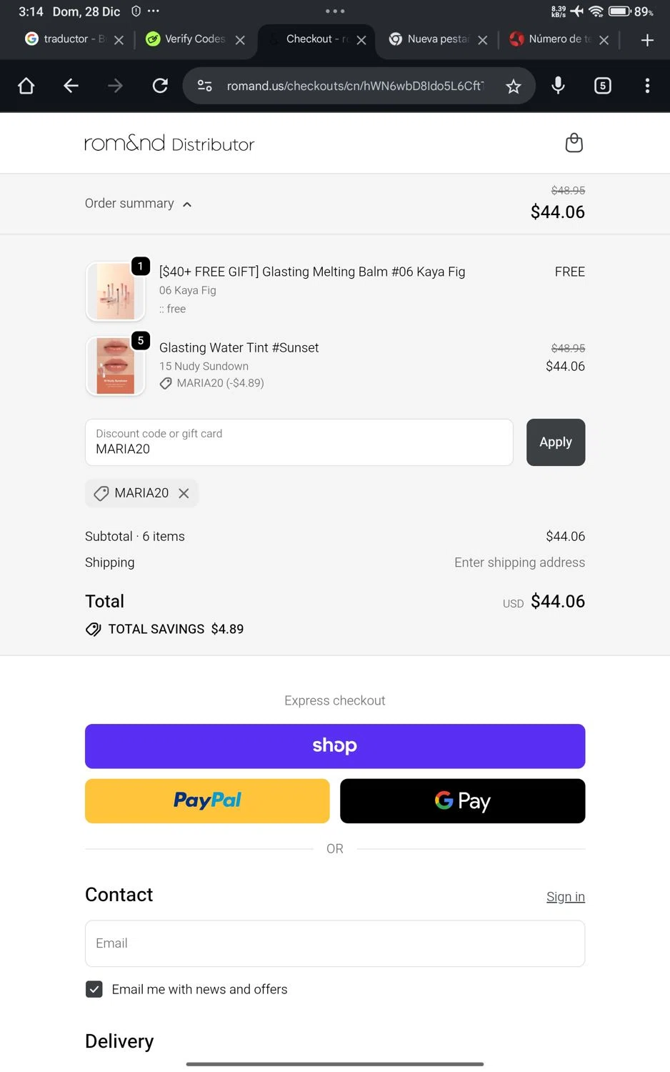 Rom&nd US promo code screenshot showing code MARIA20 applied at Rom&nd US checkout page. Uploaded by SimplyCodes community member SavvyScholar3684 on Dec 28, 2025