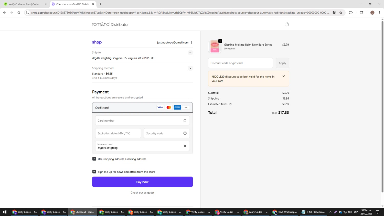 Rom&nd US checkout page showing Rom&nd US promo code box | Screenshot taken by SimplyCodes community member on Dec 28, 2025