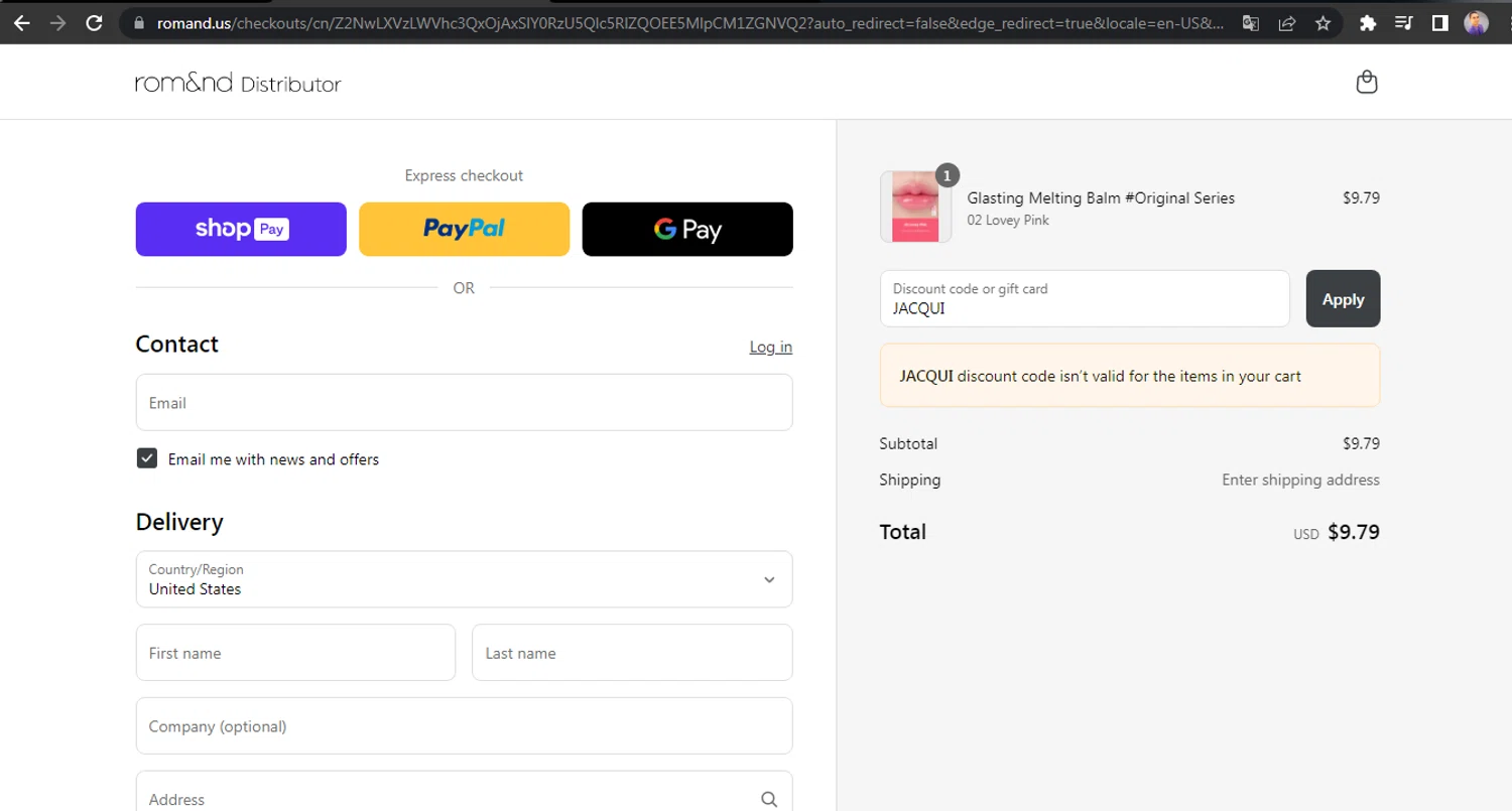 Rom&nd US promo code screenshot showing code JACQUI applied at Rom&nd US checkout page. Uploaded by SimplyCodes community member HUNTER1406 on May 13, 2025