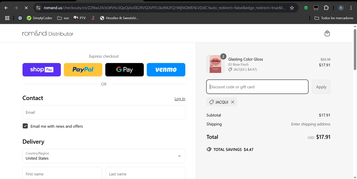Rom&nd US promo code screenshot showing code JACQUI applied at Rom&nd US checkout page. Uploaded by SimplyCodes community member MarcoReus on Mar 25, 2025