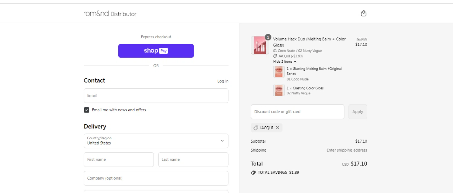 Rom&nd US promo code screenshot showing code JACQUI applied at Rom&nd US checkout page. Uploaded by SimplyCodes community member obito1234 on Jul 3, 2025