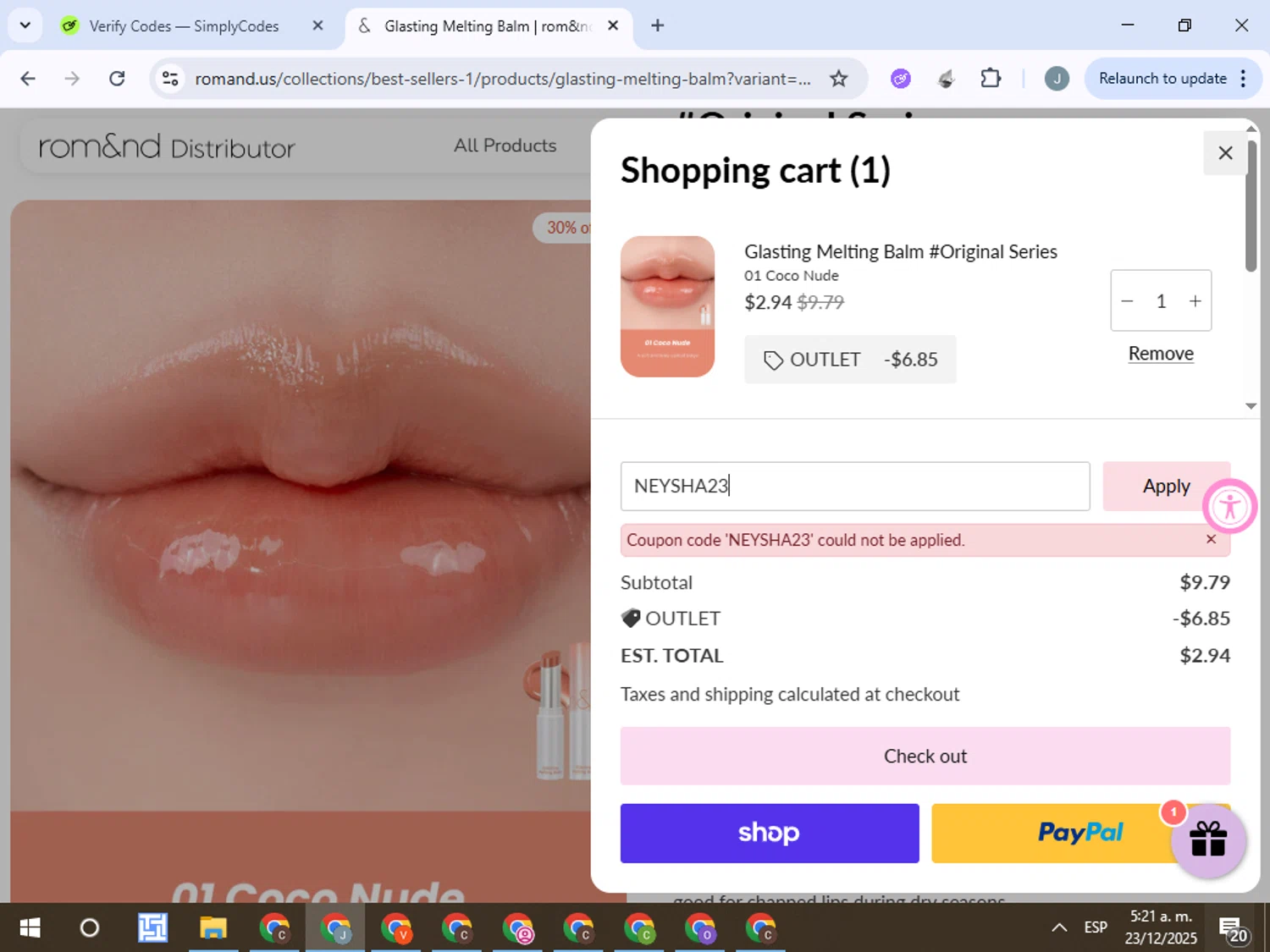 Rom&nd US promo code screenshot showing code NEYSHA23 applied at Rom&nd US checkout page. Uploaded by SimplyCodes community member ValueTracker8384 on Dec 23, 2025