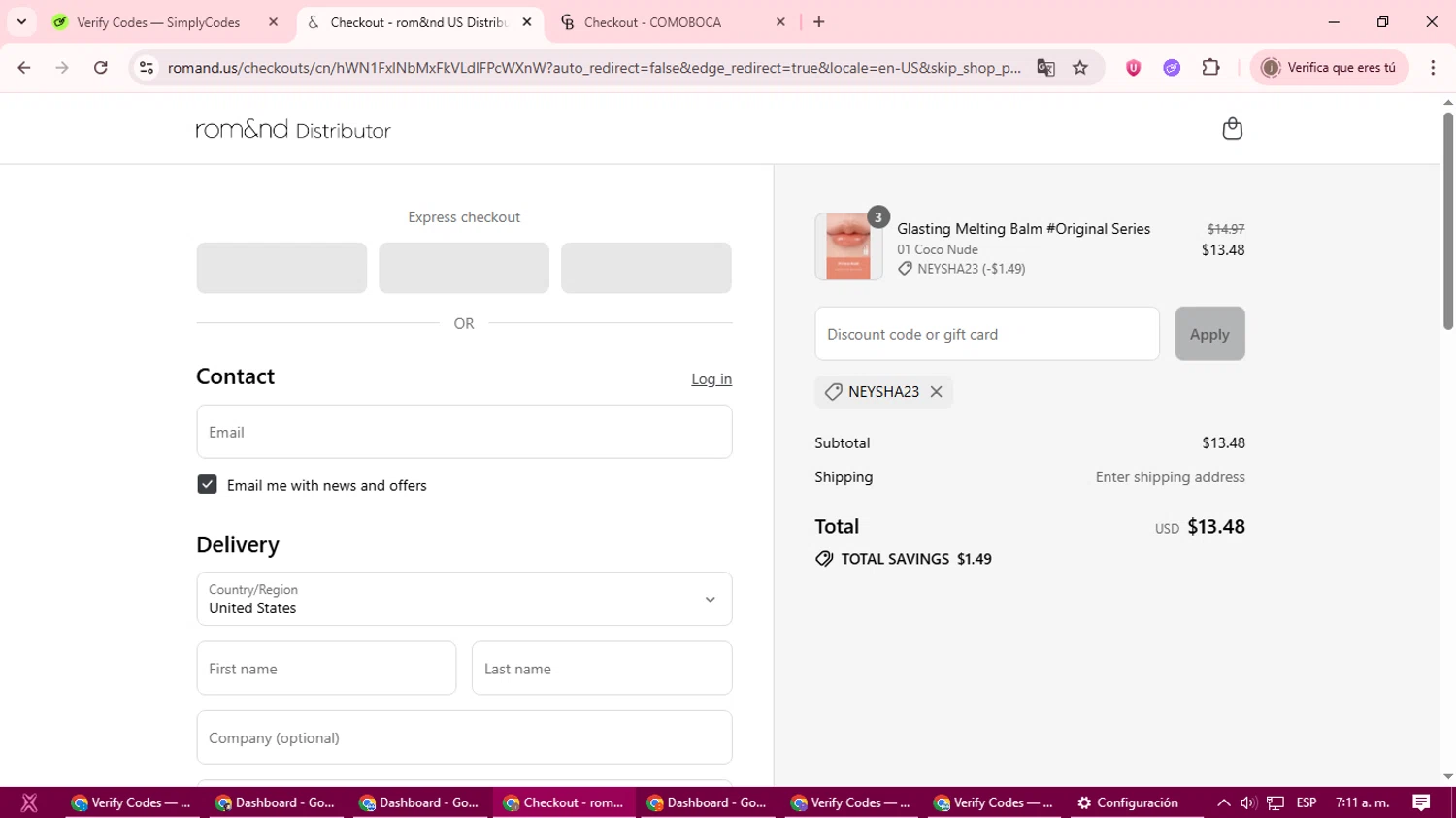 Rom&nd US promo code screenshot showing code NEYSHA23 applied at Rom&nd US checkout page. Uploaded by SimplyCodes community member xcvcxvsave on Jul 31, 2025
