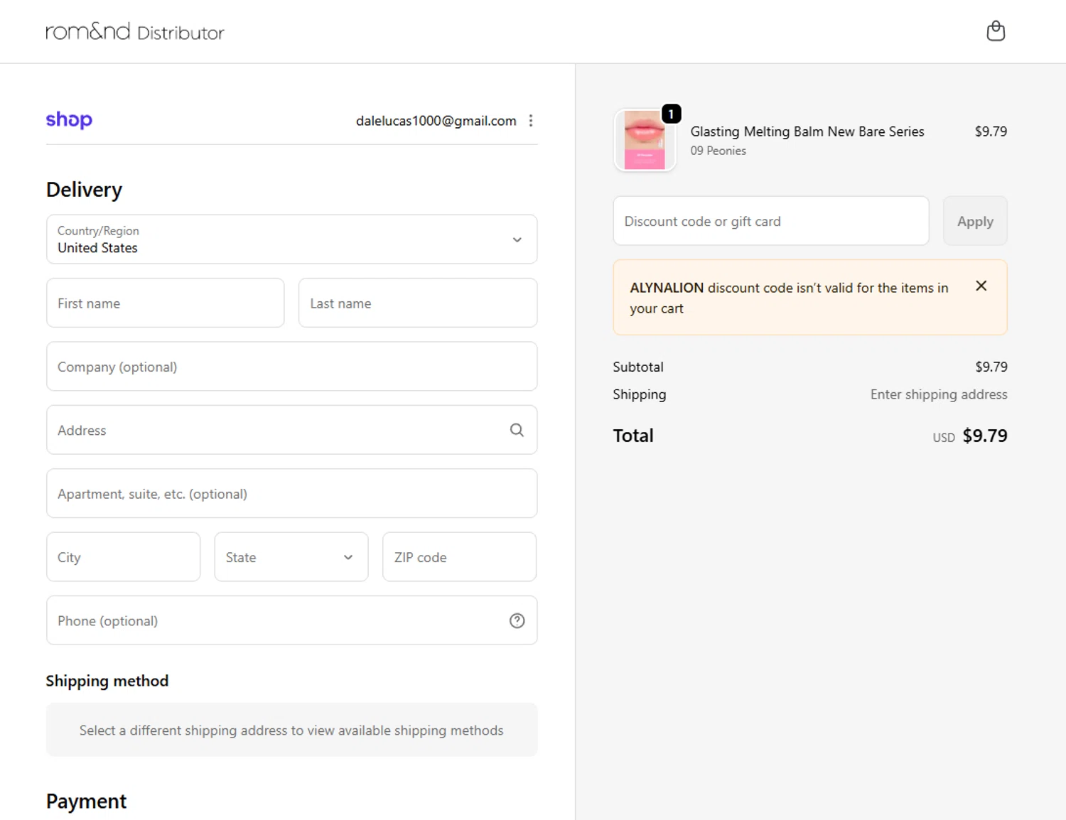 Rom&nd US checkout page showing Rom&nd US promo code box | Screenshot taken by SimplyCodes community member on Dec 28, 2025