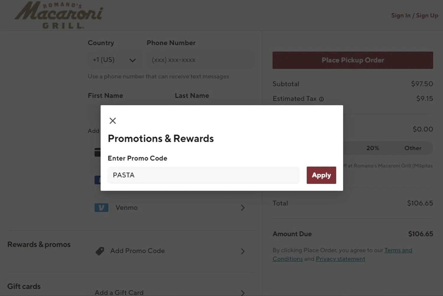 Romano's Macaroni Grill checkout page showing Romano's Macaroni Grill promo code box | Screenshot taken by SimplyCodes community member on Sep 3, 2024